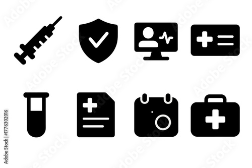 Preventive Care Icons. Preventive care. Filled icon set of preventive care: vaccine syringe, checkmark shield,