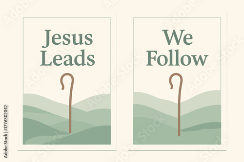 Shepherd's Path Banners. Shepherd?s Way. Two vertical A6 banners with safe margins, centered composition, no elements touching edges, pastel, sage and cream,