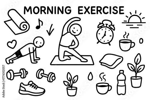 Morning Exercise Icons. Morning exercise. Hand-drawn doodle illustration morning exercise sunrise, yoga mat, stretching figure, push-ups, dumbbell, coffee cup,