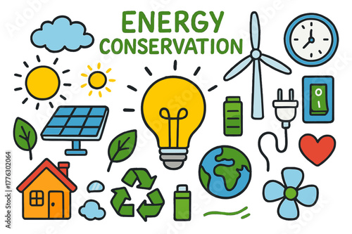 Energy Conservation Doodles. Energy Conservation. Colorful Hand-drawn doodle Children illustration Energy Conservation lightbulb, solar panel, wind turbine,