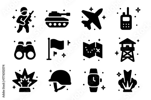 Military Icon Set. Military Advance. Solid icons set of Military Advance: soldier, tank, jet, missile, binoculars, flag, map, radio, armored vehicle,