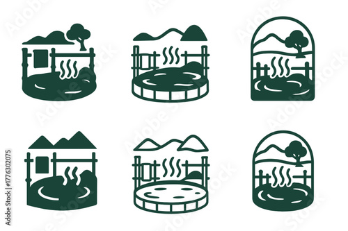 Hot Spring Logos. A hot spring bath with a natural, serene landscape around it. Icon set. Set Logo of A hot spring bath with a natural, serene landscape around