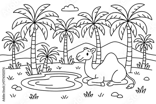 Oasis Coloring Page. Palm oasis in the desert children?s coloring book illustration, outlined drawing, palm trees surrounding a small pond with a camel resting