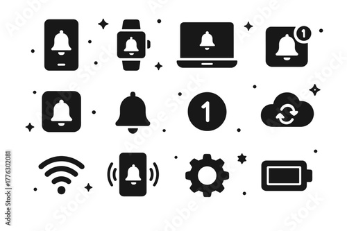 Digital Reminders Icons. Digital Reminders. Solid icons set of Digital Reminders: smartphone, smartwatch, laptop, desktop notification, app icon, push bell,