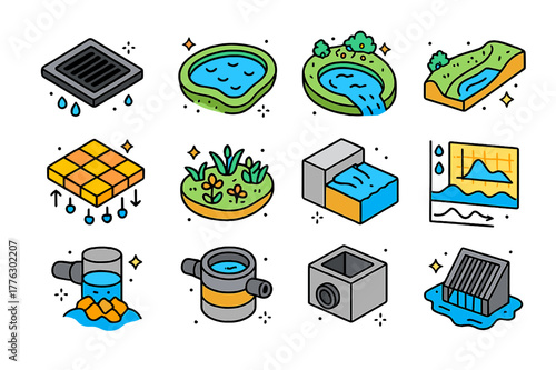 Stormwater Management Icons. Stormwater management. Colorful isometric vector icons set of Stormwater management: storm drain grate, detention pond, retention