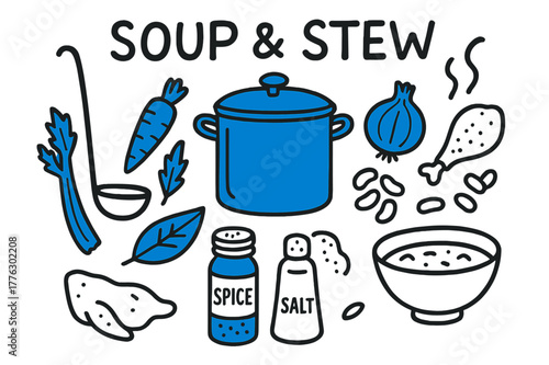 Cartoon Soup Ingredients. // Soup and stew. Hand-drawn doodle illustration Soup and stew [stockpot (accented), ladle, carrots (accented), celery, onion
