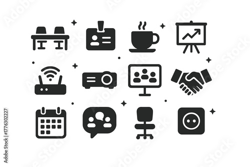 Coworking Icons Grid. Coworking and Meetups. Solid icons set of Coworking and Meetups: shared desk, name tag, coffee cup, whiteboard, wifi router, projector,