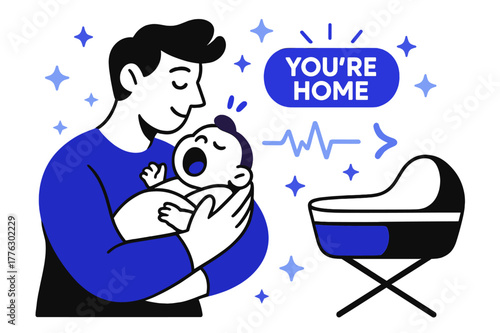 Cozy Newborn Moment. Baby care. A parent cradles a yawning newborn as soft stars drift; ?You?re home? glows above a bassinet. A tiny heartbeat line settles