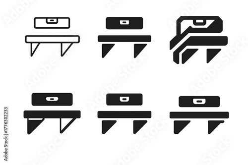 Floating Shelf Logos. Installing floating shelves on a wall. Set Logo of installing floating shelves on a wall: shelf brackets and level tool. Icon set.