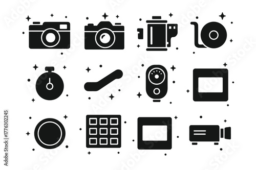 35mm Film Icons. 35mm Film Era. Solid icons set of 35mm Film Era: rangefinder camera, SLR camera, film cassette, sprocket holes, rewind crank, advance lever,