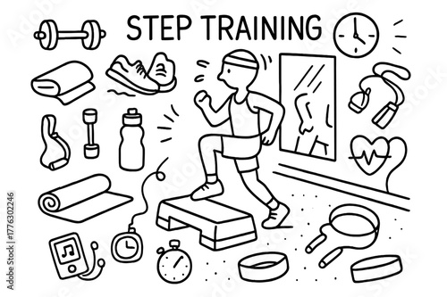Step Training Essentials. Step Training. Hand-drawn doodle illustration Step Training aerobic step, person exercising, dumbbells, sneakers, towel, water