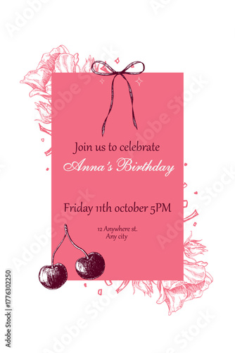 A stylish vertical vector birthday invitation template with a text box and frame featuring hand-drawn illustrations. The text is not editable.