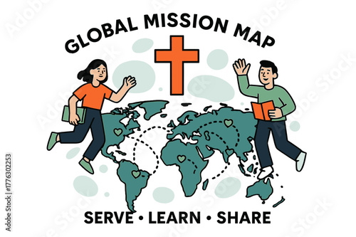 Global Mission Map. Global Mission Map. A gentle cross icon sits above a world map with dotted flight paths; small hearts mark partner communities. Text reads