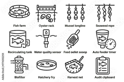 Sustainable Aquaculture Icons. Sustainable Aquaculture. Line icon set of Sustainable Aquaculture: fish farm pen, oyster rack, mussel longline, seaweed rope,
