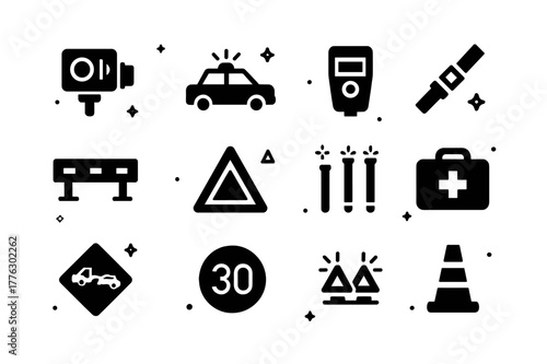 Traffic Safety Icons. Traffic safety and enforcement. Solid icons set of traffic safety and enforcement: speed camera, police car, breathalyzer, seatbelt icon,
