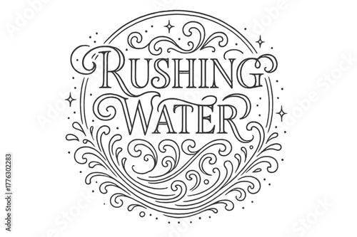 Dynamic Water Lettercrest. Rushing Water ? Flourish Lettering; classic ornamental serif with medium swashes and fluid curls; circular crest composition with a