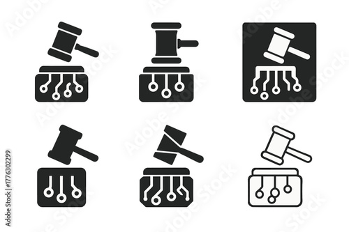 Intellectual Property Logos. Lawyers and clients discussing intellectual property cases. Set Logo of infringement analysis: gavel above circuit board. Icon