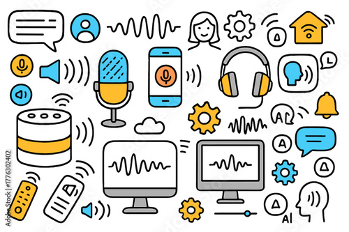 Smart Tech Doodle. Voice interface. Hand-drawn doodle illustration smart speaker (colored), microphone (colored), headphones (colored), smartphone (colored),