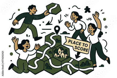 Hexagonal City Harmony. Tile-laying city builder. Hexes snap into place as roads align; ?Place to score? ribbon points at a neat cluster. Meeples wave from