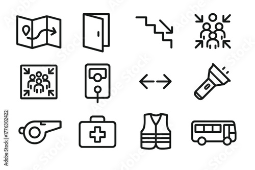 Emergency Evacuation Icons. Emergency Evacuation. Line icon set of Emergency Evacuation: evacuation map, exit door, staircase down, assembly point, muster