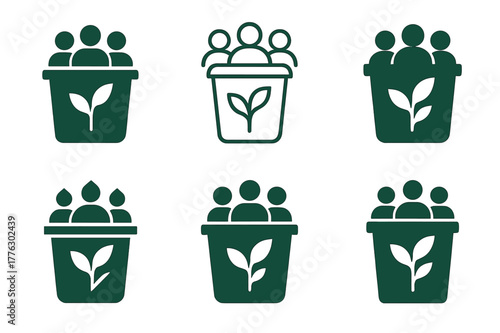 Composting Logo Variations. Composting and waste reduction methods. Set Logo of composting and waste reduction methods: community compost collection. Icon set.
