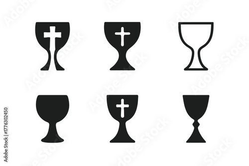 Chalice Emblem Logos. Christian denominations and their beliefs. Set Logo of Chalice: communion cup. Icon set. harmonious logo variations of the same