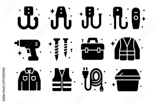 Garage Hooks Icon Set. Heavy-duty garage hooks. Solid icons set of Heavy-duty garage hooks: utility hook, bike hook, ladder hook, stud finder, drill, screws,