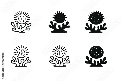 Sea Urchin Logo Variations. Tidal pools and their diverse aquatic life. Set Logo of sea urchin: spiny orb resting on coral. Icon set. harmonious logo