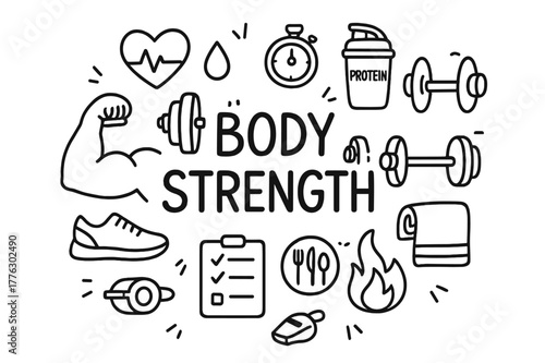 Body Strength Doodle. Body Strength. Hand-drawn doodle illustration of Body Strength. muscle arm, barbell,