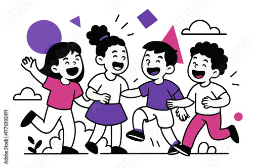 Playful Geometric Joy. Laughing in a Group. Children playing and laughing in a park with floating abstract geometric shapes, energetic and happy scene. Modern