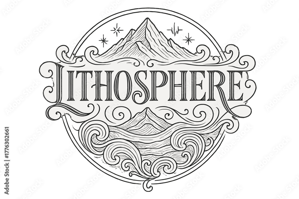 Obraz premium Ornamental Lithosphere Crest. Lithosphere ? Flourish Lettering; classic ornamental serif with medium swashes and restrained curls; circular crest composition