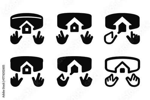 Innovative Home Automation Visors. Radical new takes on home automation and living spaces. Set Logo of AR home control: visor with gesture icons. Icon set.