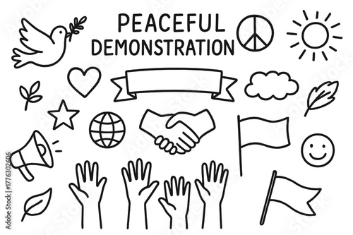 Peaceful Demonstration Icons. Peaceful demonstration. Hand-drawn doodle illustration Peaceful demonstration dove, peace sign, banner, heart, handshake, star,