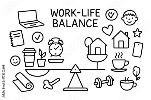 Work-Life Balance Symbols. Work-life balance. Hand-drawn doodle illustration Work-life balance scale, clock, laptop, heart, coffee cup, plant, home, child,