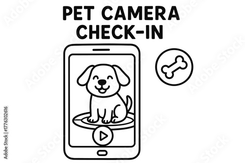 Pet Camera Coloring. Pet camera check-in children?s coloring book illustration, outlined drawing, a phone showing a happy pet sitting on a mat with a play