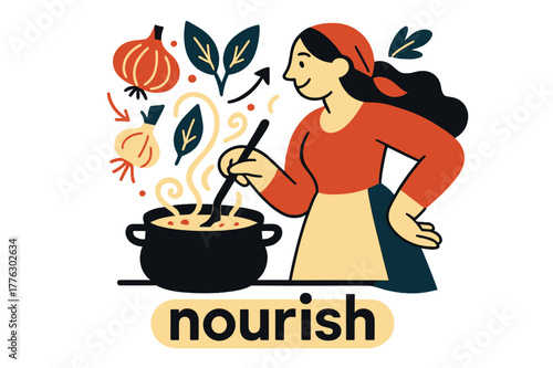 Herbal Stew Harmony. Keeper of the Hearth ? Herbal Stew. Leaves, garlic, and root icons swirl into a simmering pot; aroma lines curl like music.