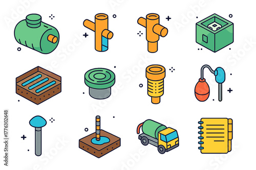 Septic System Icons. Septic systems. Colorful isometric vector icons set of Septic systems: septic tank, inlet baffle, outlet baffle, distribution box, leach