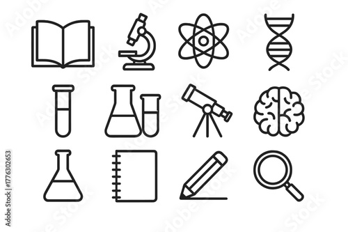 Science Book Icons. Reading a science book. Line icon set of reading a science book: open book, microscope, atom, DNA strand, test tube, beaker, telescope,