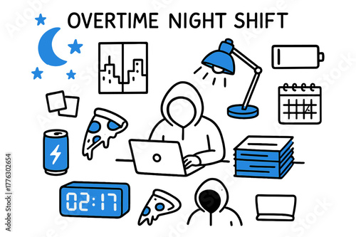 Night Shift Doodling. // Overtime night shift. Hand-drawn doodle illustration Overtime night shift [moon & stars (accented), desk lamp (accented), laptop,
