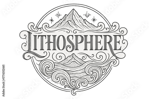 Ornamental Lithosphere Crest. Lithosphere ? Flourish Lettering; classic ornamental serif with medium swashes and restrained curls; circular crest composition
