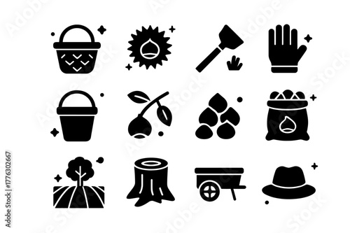 Chestnut Harvest Icons. Chestnut Harvest. Solid icons set of Chestnut Harvest: basket, chestnut burr, rake, gloves, bucket, branch, nuts pile, burlap sack,