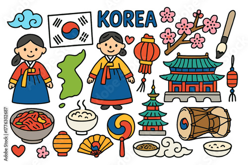 Korean Cultural Doodles. Korea. Colorful Hand-drawn doodle Children illustration Korea Korean flag, hanbok dress, palace, mountain, cherry blossom, kimchi