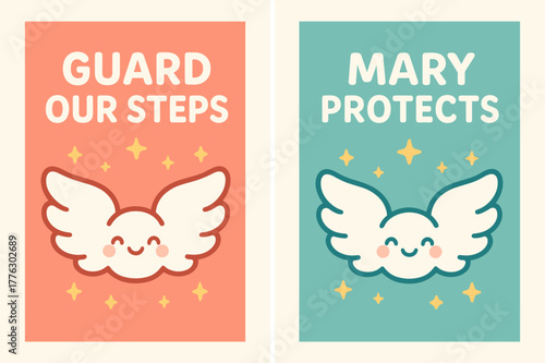 Kawaii Angelic Banners. Angelic Protection. Two vertical A6 banners with safe margins, centered composition, no elements touching edges, kawaii, coral and