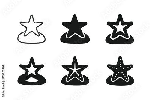 Starfish Logo Variations. Tidal pools and their diverse aquatic life. Set Logo of starfish: five-armed sea star resting on rock. Icon set. harmonious logo