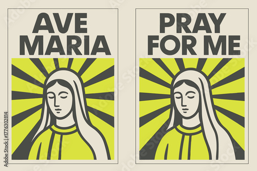 Ave Maria Banners. Ave Maria. Two vertical A6 banners with safe margins, centered composition, no elements touching edges, bauhaus, charcoal and neon yellow,