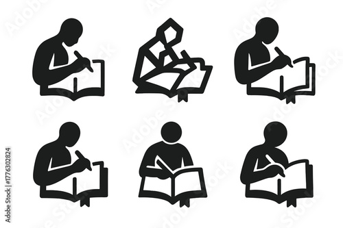 Journaling Emblem Variations. A person journaling their thoughts and reflections for personal growth. Set Logo of A person journaling their thoughts and