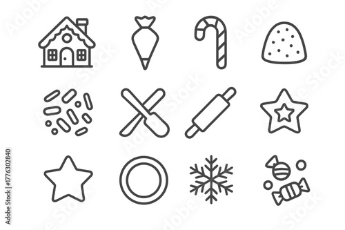 Holiday Dessert Icons. Holiday dessert decor. Line outline icon set of holiday dessert decor: gingerbread