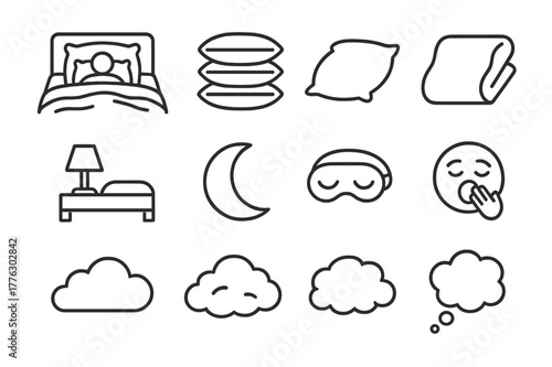 Cozy Sleeping Icons. Soft, Fluffy Pillows Surrounding Someone in Bed. Line icon set of Soft, Fluffy Pillows Surrounding Someone in Bed: bed frame, headboard,