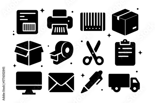 Shipping Equipment Icons. Shipping Equipment. Solid icons set of Shipping Equipment: shipping label, printer, barcode, package, box, tape dispenser, scissors,