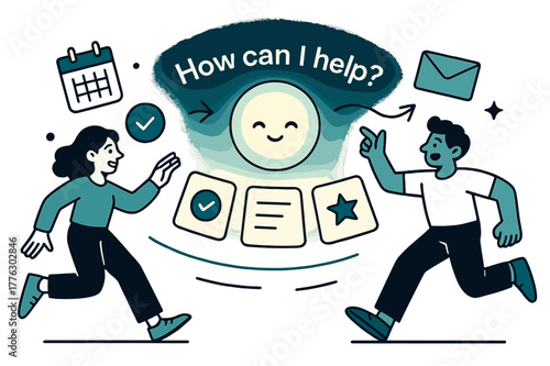 Interactive AI Helper. AI Assistants. A friendly orb with a subtle face projects task cards into a tidy arc; caption ?How can I help?? glows above. Floating